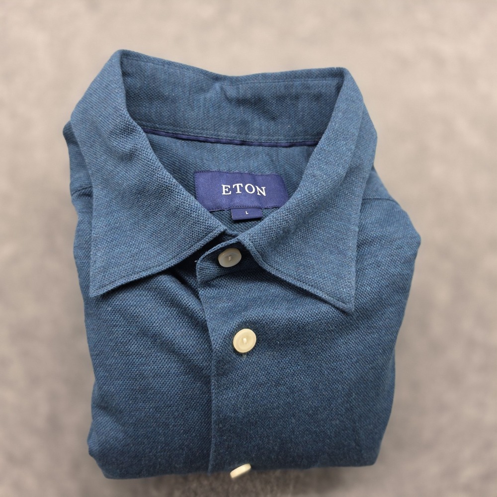 Eton Dress Shirt Large Mens Blue Long Sleeve 100% Cotton Textured